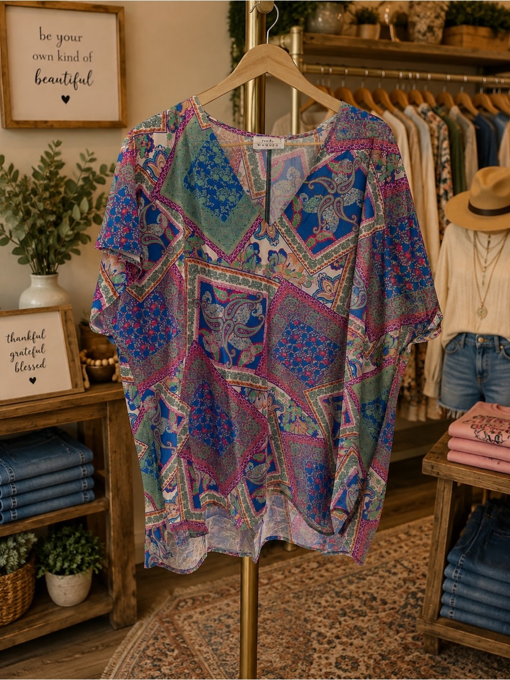 Paisley Patchwork V-Neck Blouse - Blue & Green